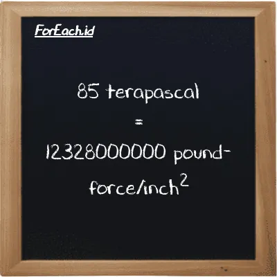 How to convert terapascal to pound-force/inch<sup>2</sup>: 85 terapascal (TPa) is equivalent to 85 times 145040000 pound-force/inch<sup>2</sup> (lbf/in<sup>2</sup>)